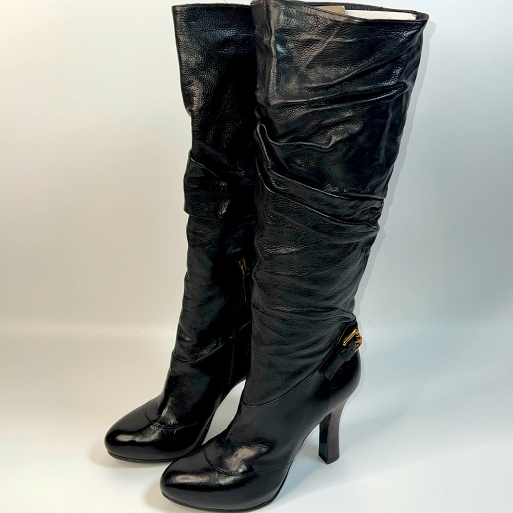 ❤️NEW SPORTMAX ITALIAN TALL RUCHED BLACK LEATHER BOOTS SIZE 7.5
